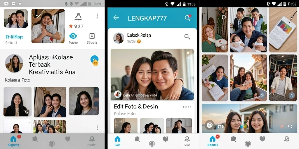 Antarmuka aplikasi LENGKAP777 dengan fitur kolase foto yang beragam.