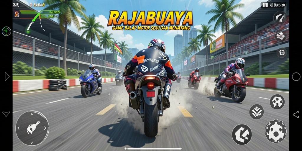 Tampilan antarmuka balapan motor yang mendebarkan dan interaktif.