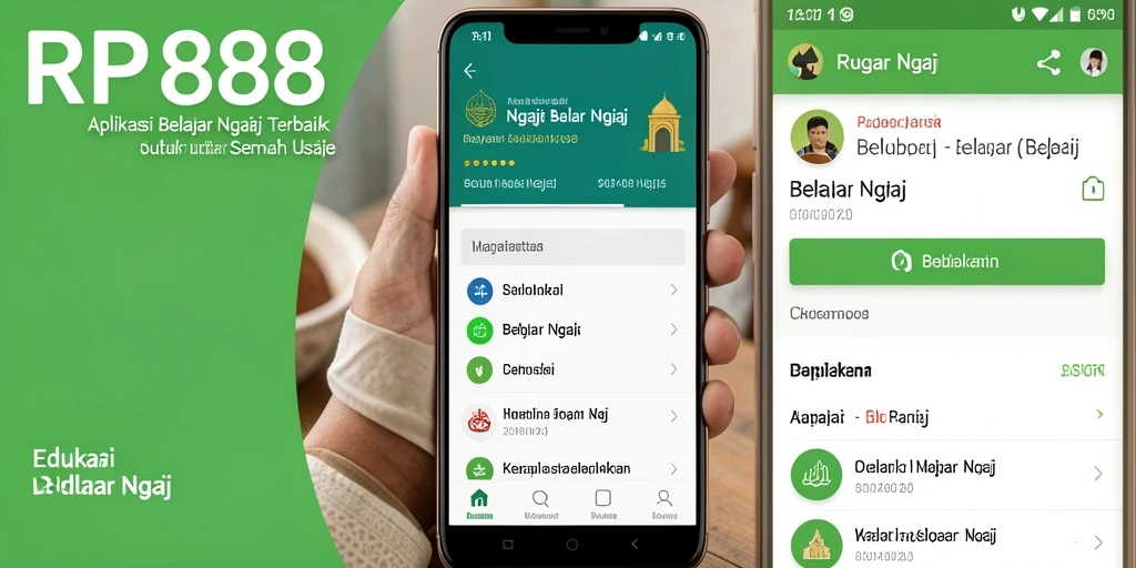 Antarmuka aplikasi RP888 yang menarik dan user-friendly untuk belajar mengaji.
